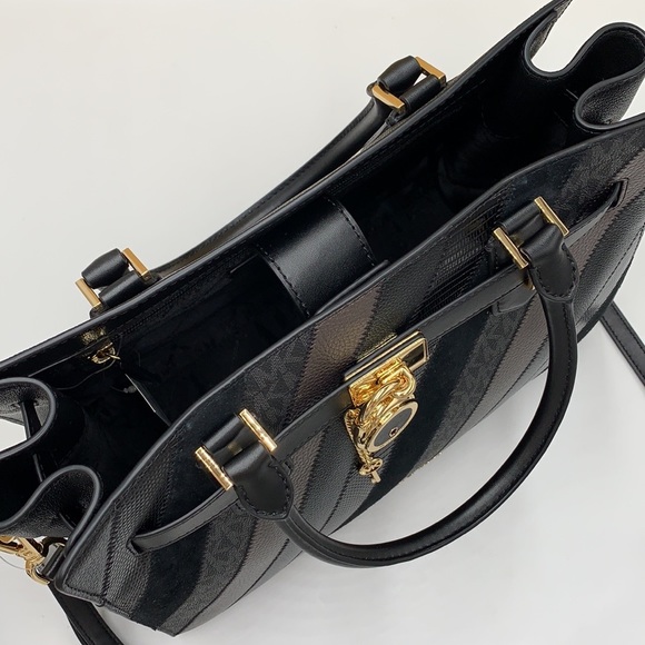 Michael Kors Hamilton Meidum Satchel Shoulder Crossbody Bag Black Multi color - Picture 8 of 16